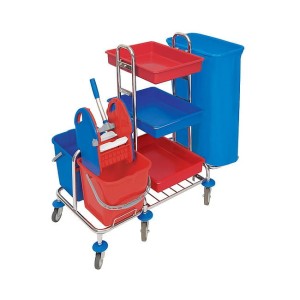 Wózek serwisowy chromowany, dwuwiadrowy (2x20L) z prasą, kuwetami i workiem Splast MID-0006