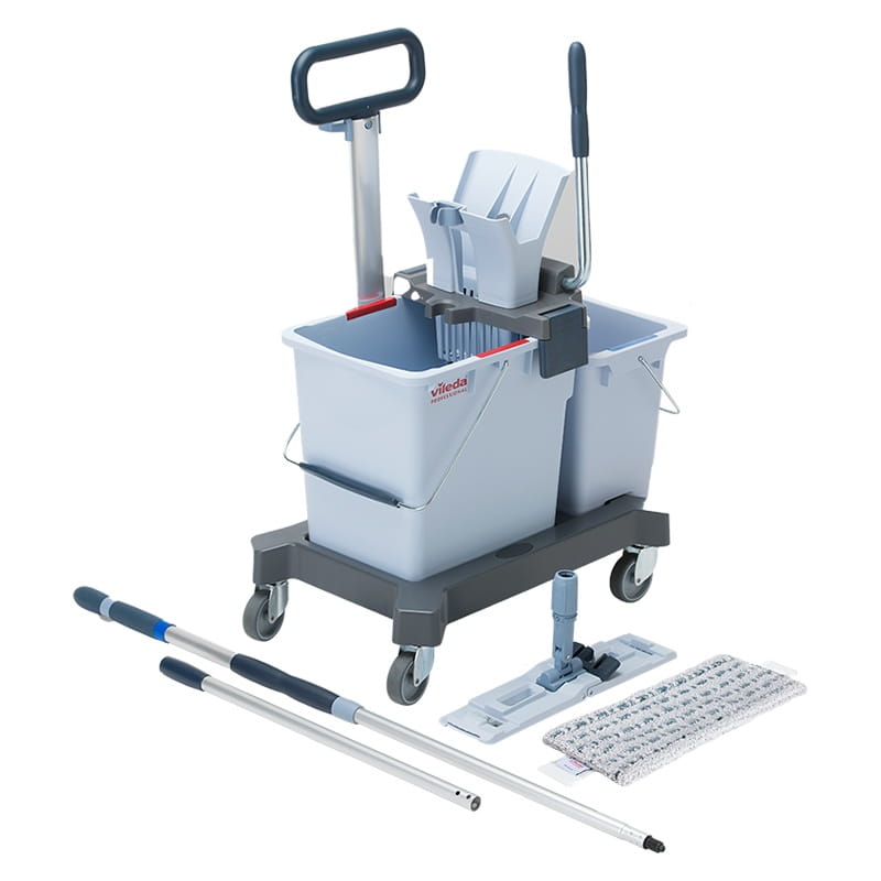 Zestaw do sprzątania na kółkach z prasą i mopem płaskim Vileda UltraSpeed Pro Double Bucket Ready to Go Kit Push 25L i 8L